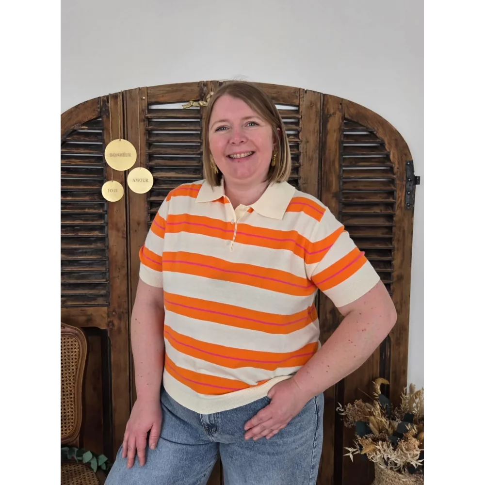 Pull polo Zach rayé beige orange
