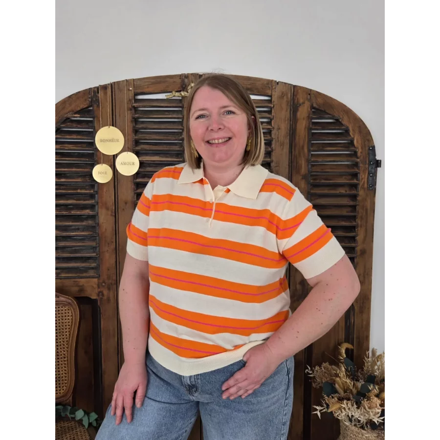 Pull polo Zach rayé beige orange