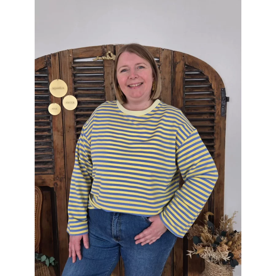 Sweat fin Germain rayé bleu et jaune