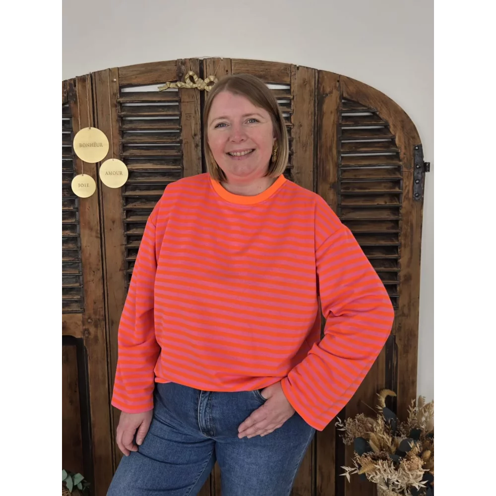 Sweat fin Germain rayé rose et orange