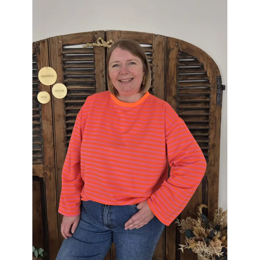 Sweat fin Germain rayé rose et orange