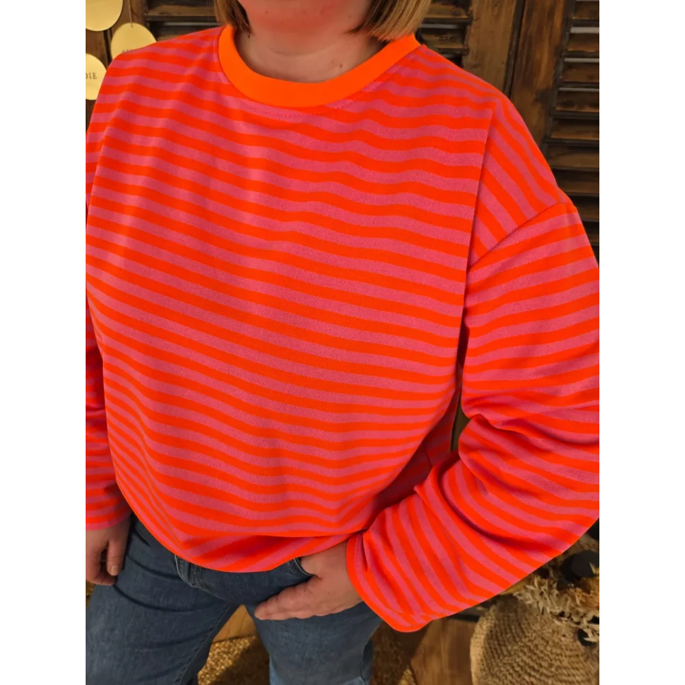 Sweat fin Germain rayé rose et orange