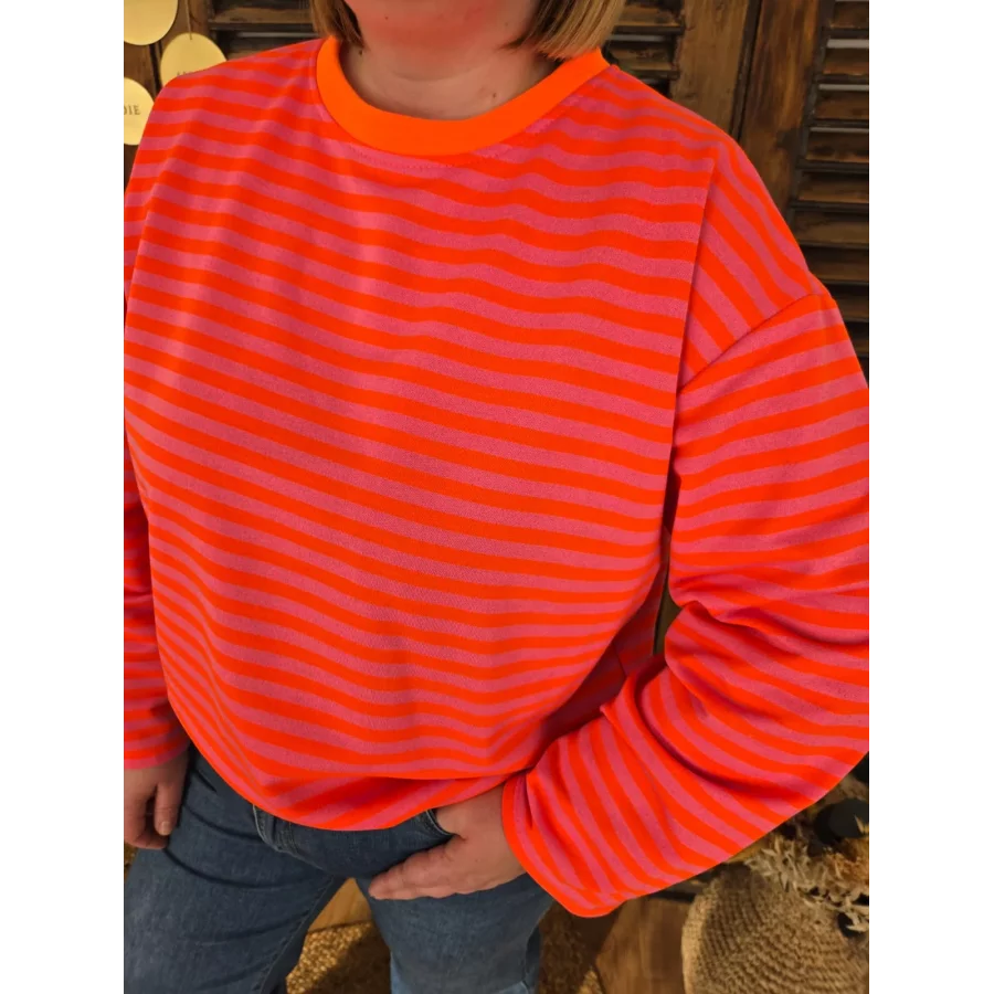 Sweat fin Germain rayé rose et orange
