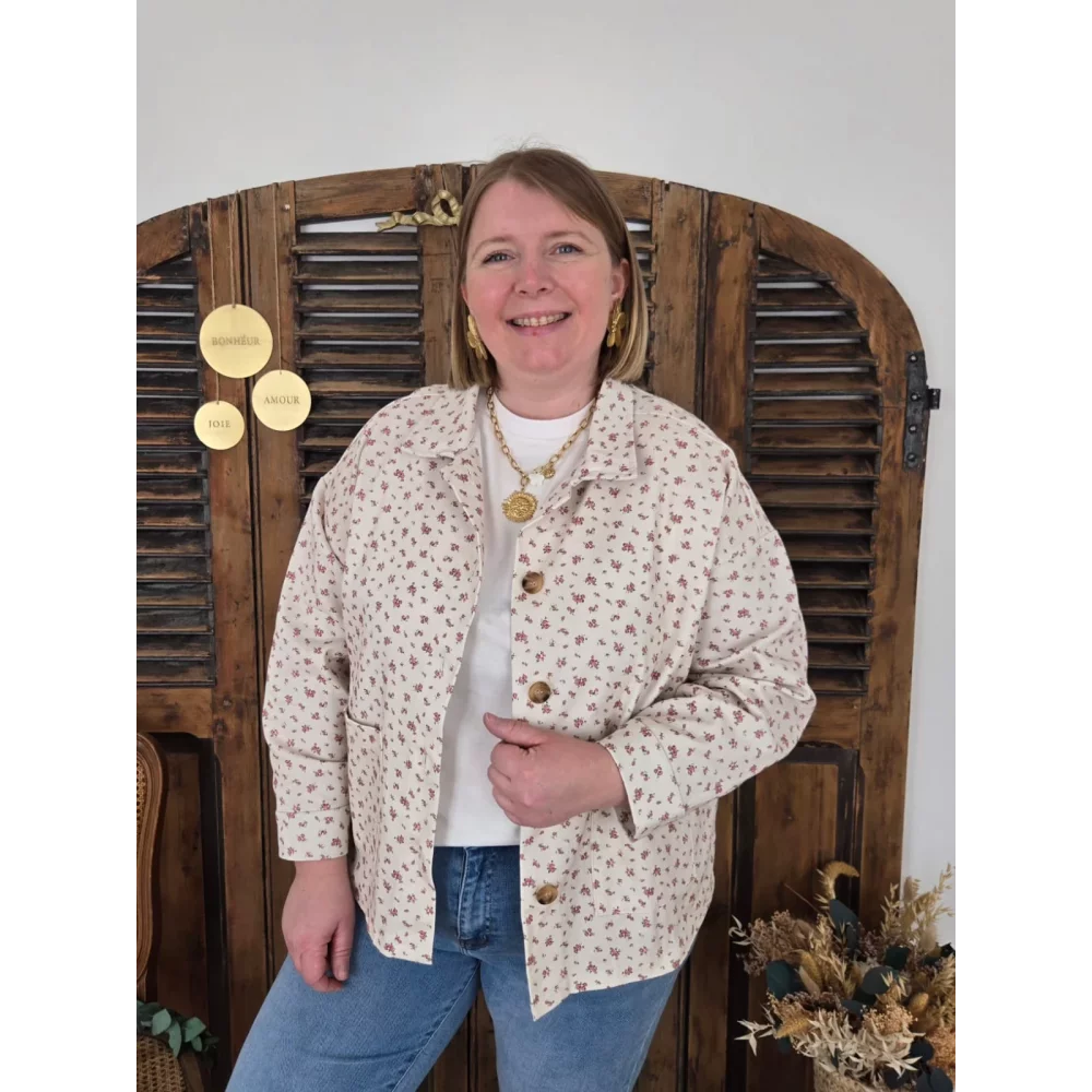 Veste Leonce en toile beige et fleurs rose