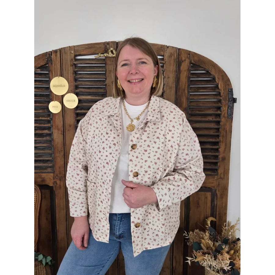 Veste Leonce en toile beige et fleurs rose