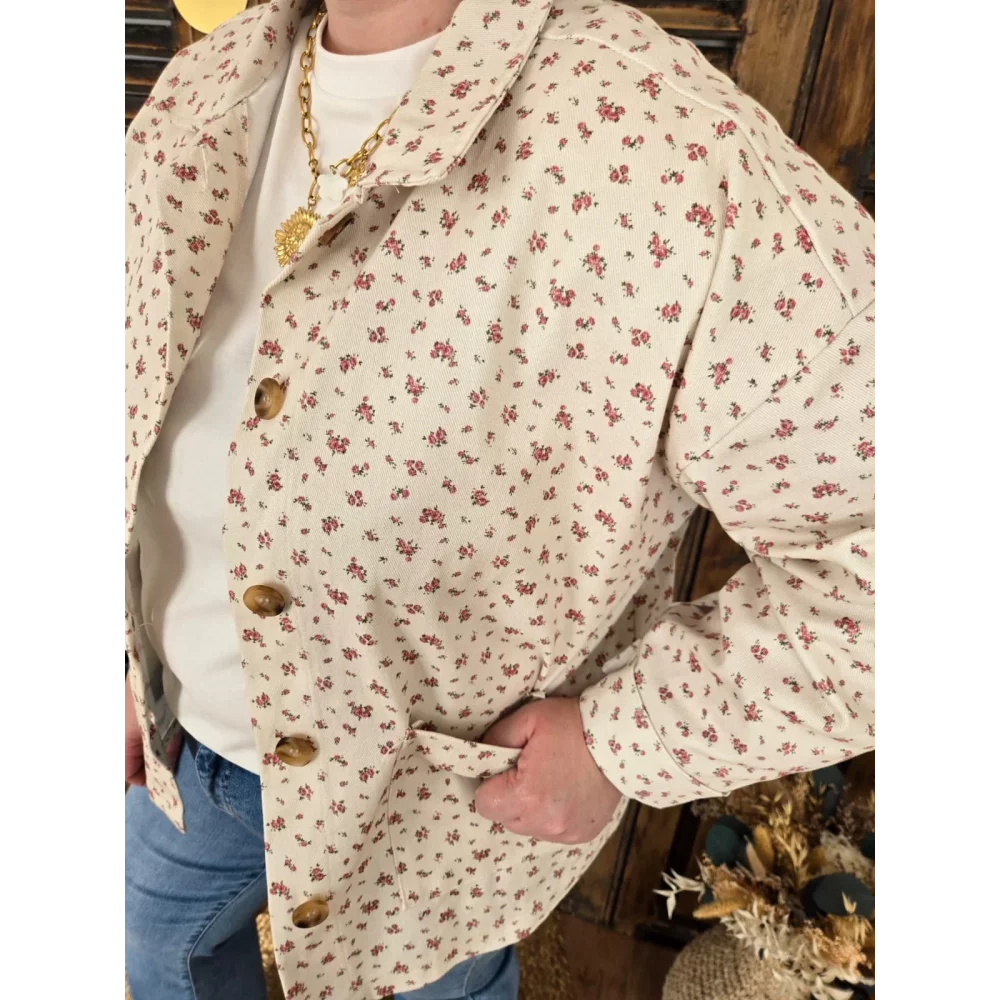 Veste Leonce en toile beige et fleurs rose