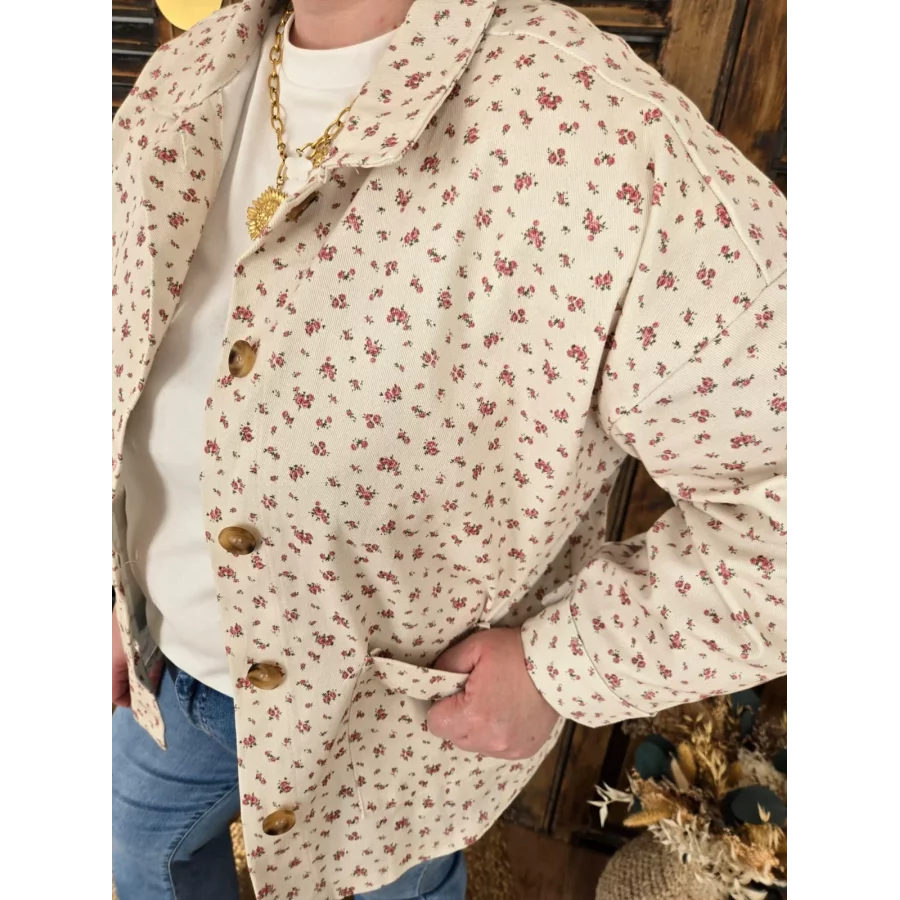 Veste Leonce en toile beige et fleurs rose