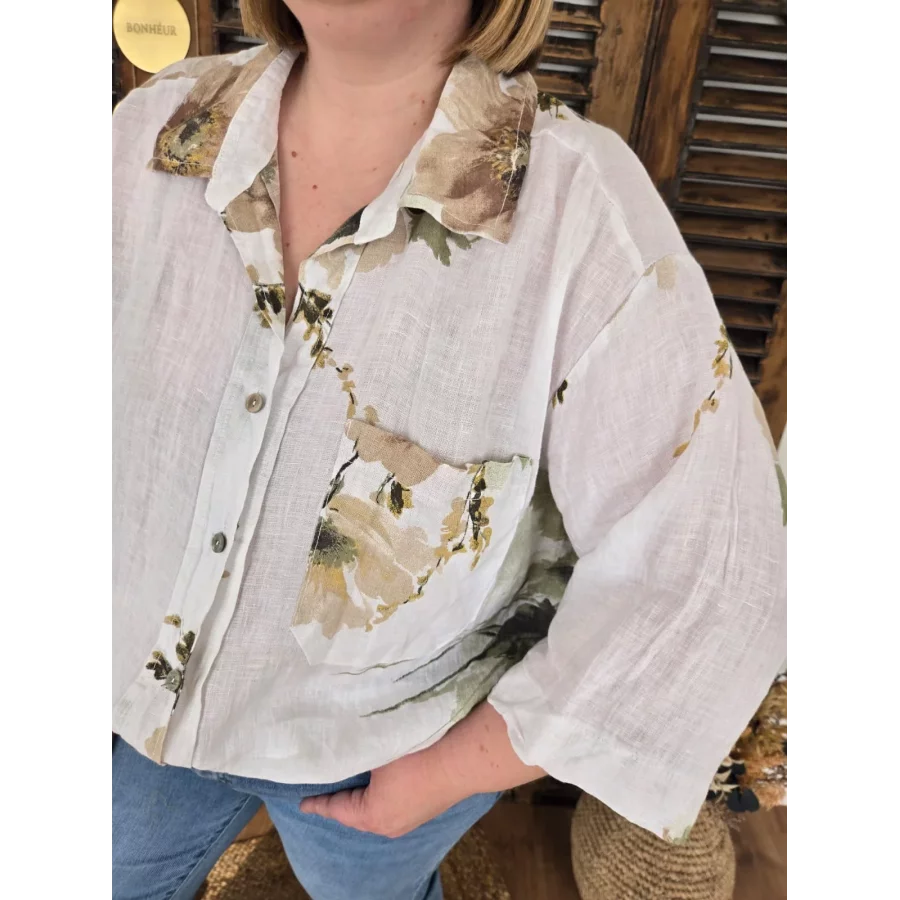 Chemise Luce lin blanc et fleurs