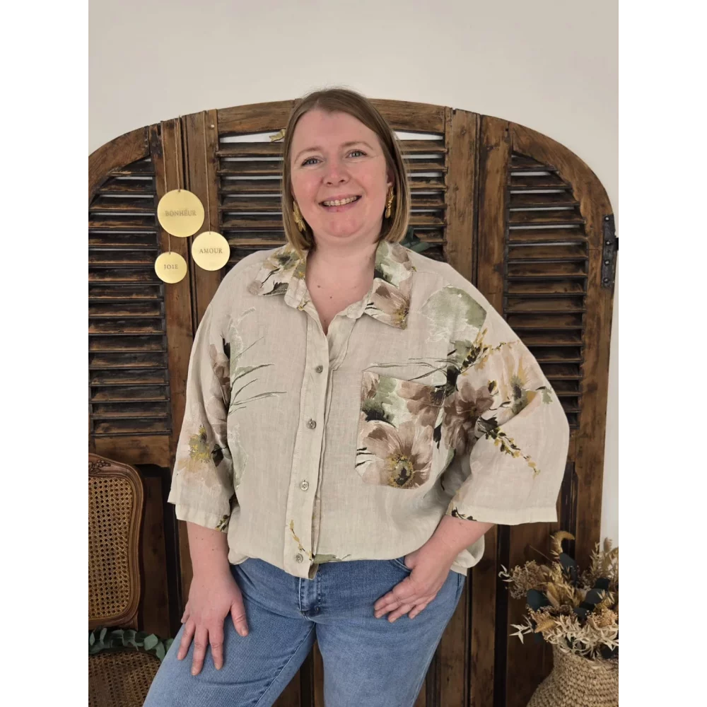 Chemise Luce lin beige et fleurs