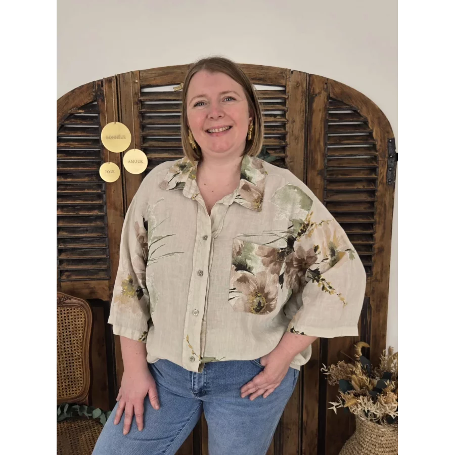 Chemise Luce lin beige et fleurs