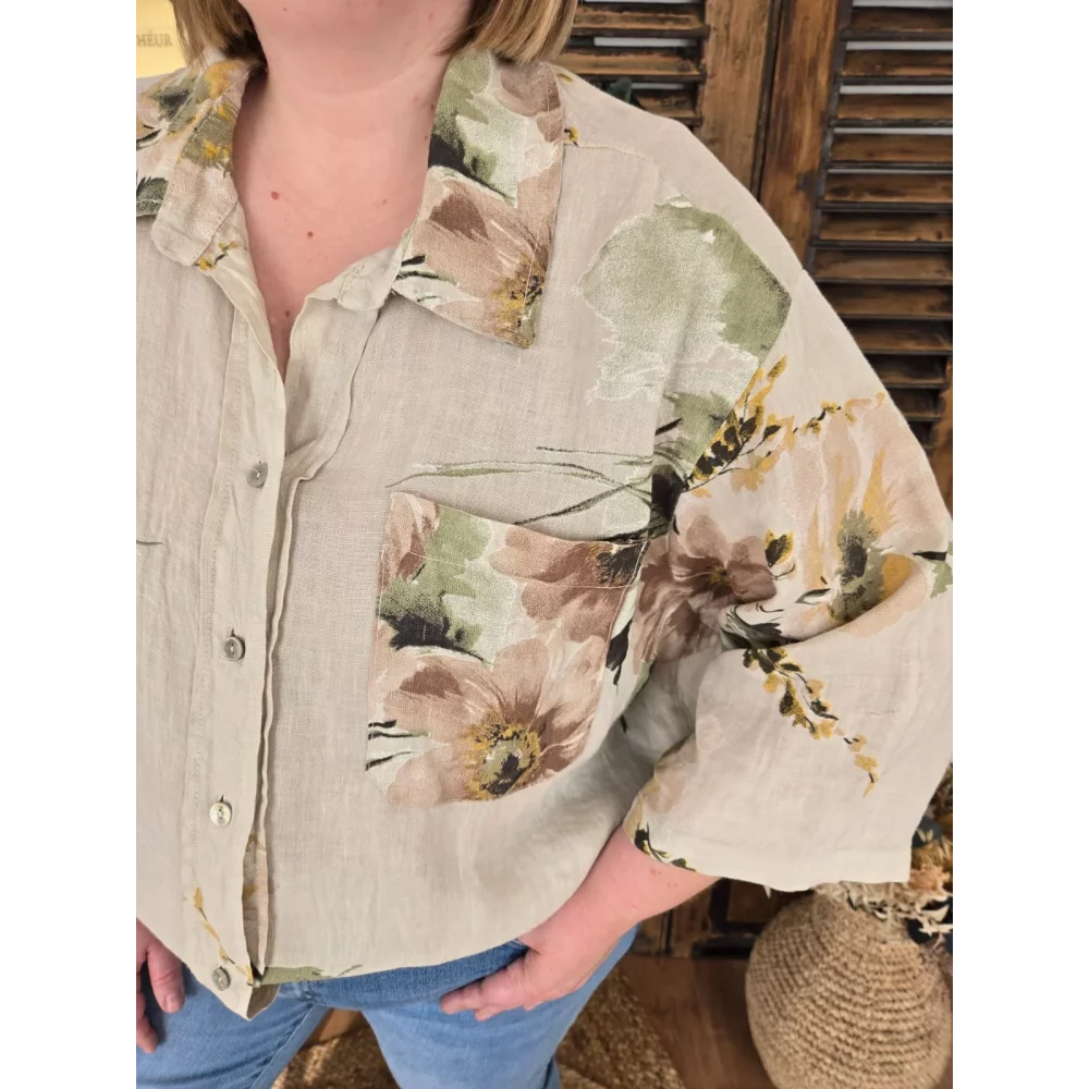 Chemise Luce lin beige et fleurs