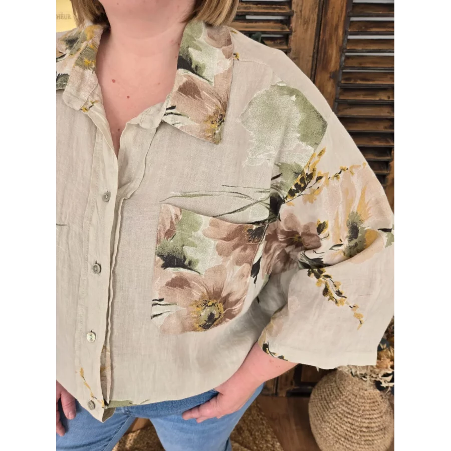 Chemise Luce lin beige et fleurs