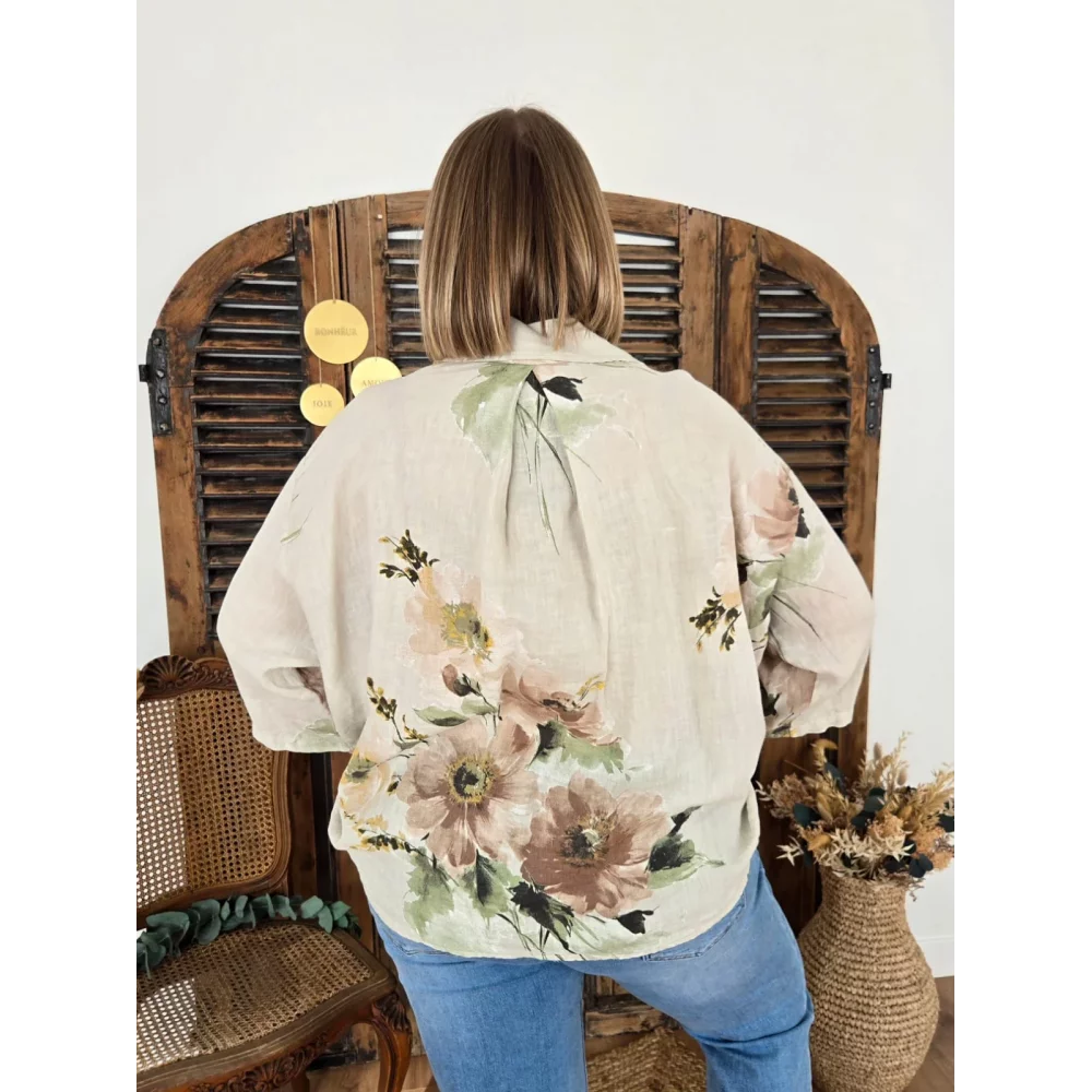 Chemise Luce lin beige et fleurs