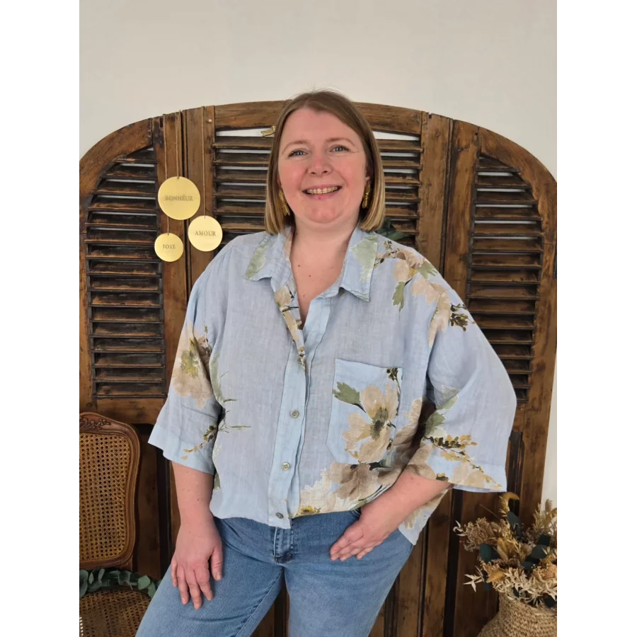 Chemise Luce lin bleu et fleurs