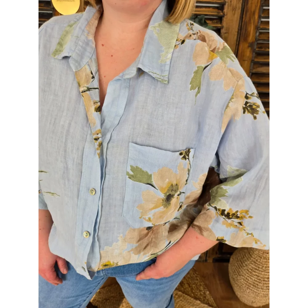 Chemise Luce lin bleu et fleurs