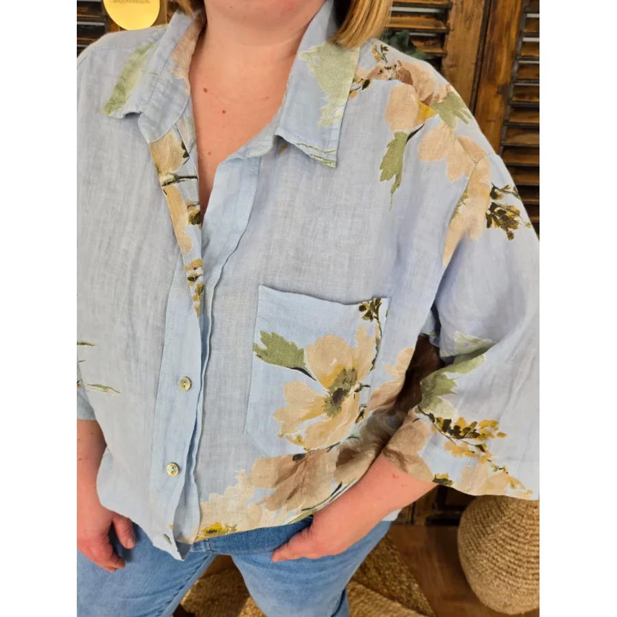Chemise Luce lin bleu et fleurs