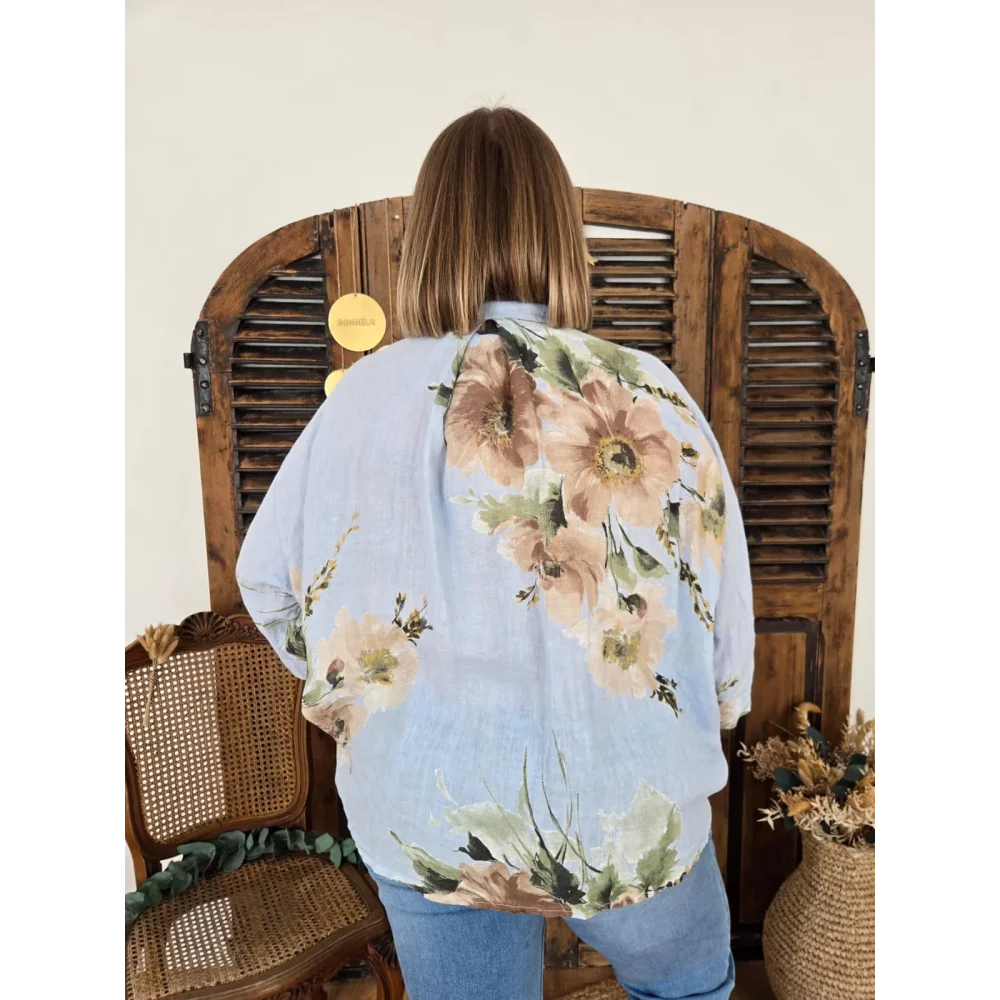 Chemise Luce lin bleu et fleurs