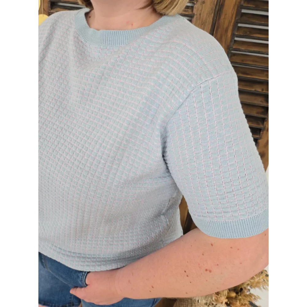 Pull fin Habib maille bleu et rose