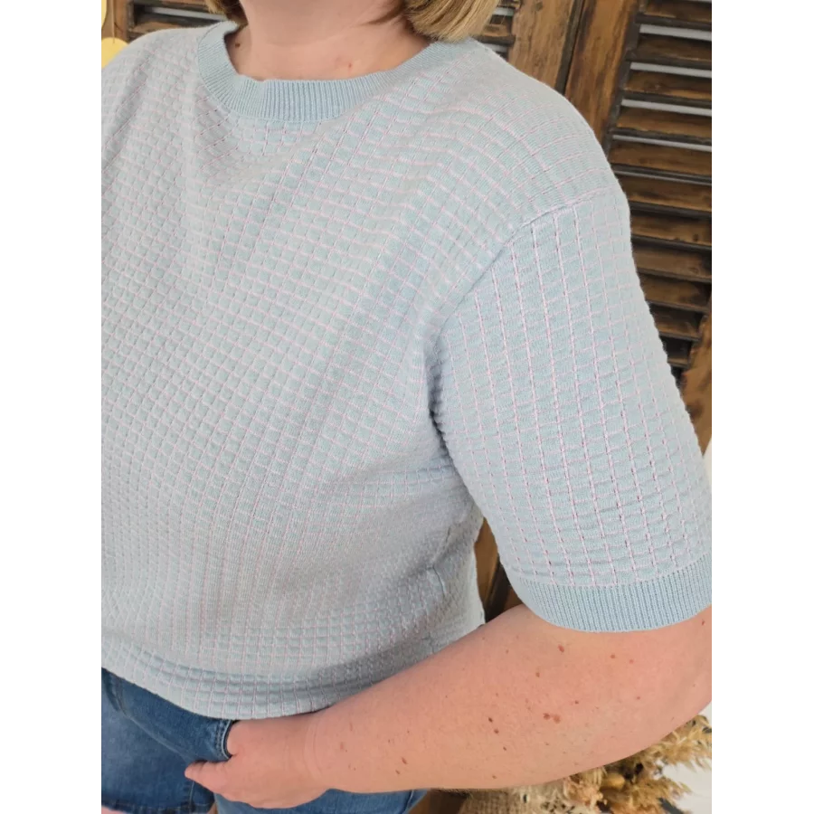 Pull fin Habib maille bleu et rose