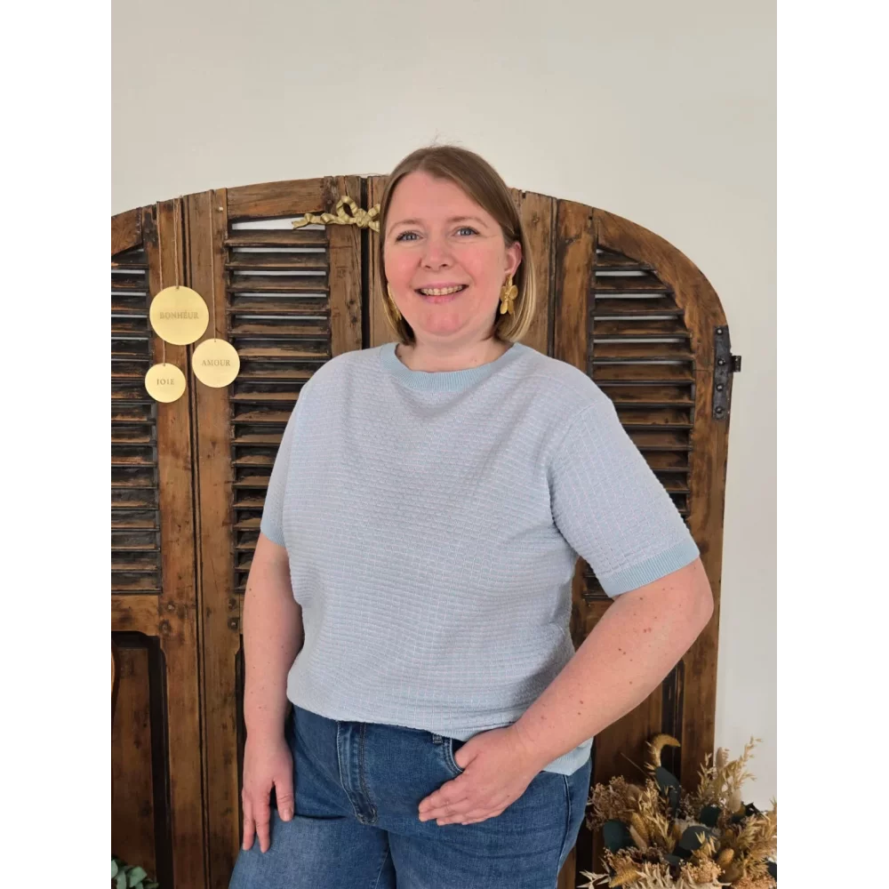 Pull fin Habib maille bleu et rose