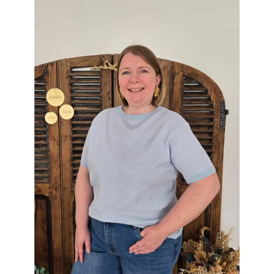 Pull fin Habib maille bleu et rose