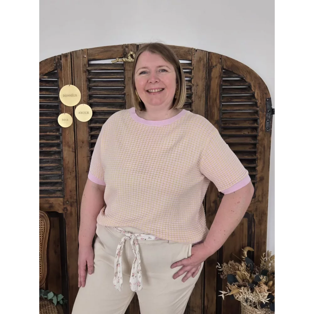 Pull fin Habib maille jaune et rose