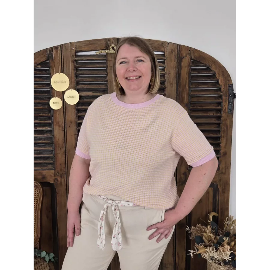 Pull fin Habib maille jaune et rose