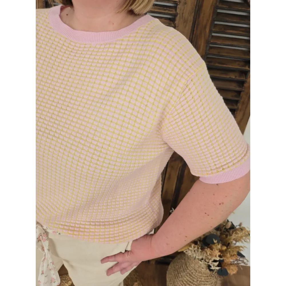 Pull fin Habib maille jaune et rose