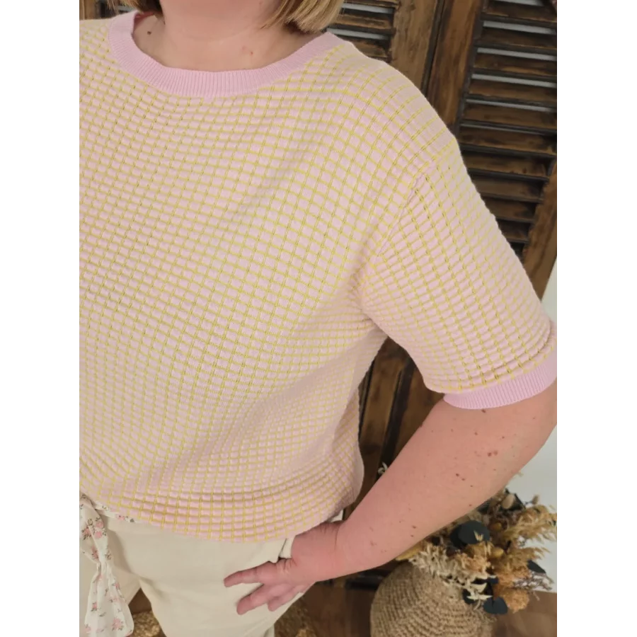 Pull fin Habib maille jaune et rose