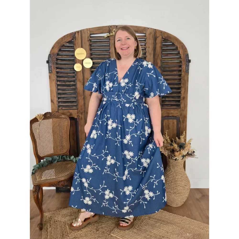 Robe longue Soazic bleu fleurs beige brodées