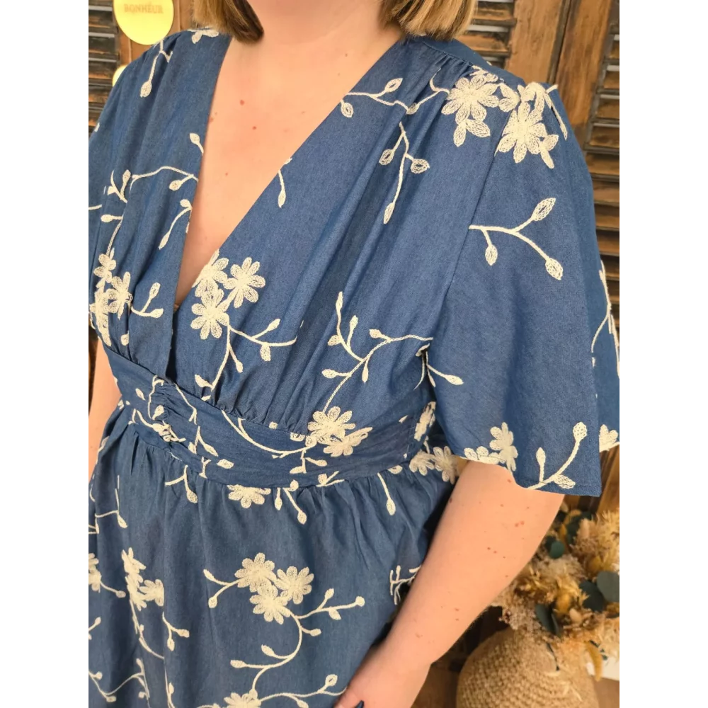 Robe longue Soazic bleu fleurs beige brodées