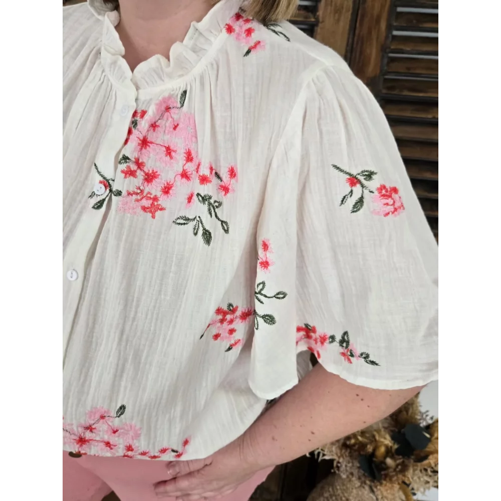 Chemise Sidonie blanc gaze coton fleurs rose
