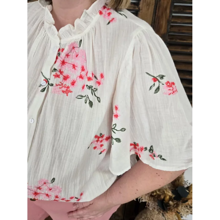 Chemise Sidonie blanc gaze coton fleurs rose
