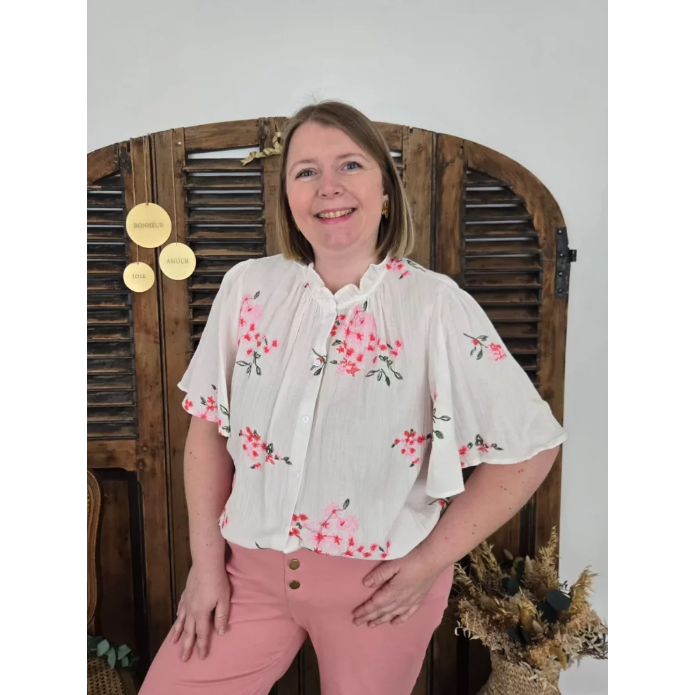 Chemise Sidonie blanc gaze coton fleurs rose