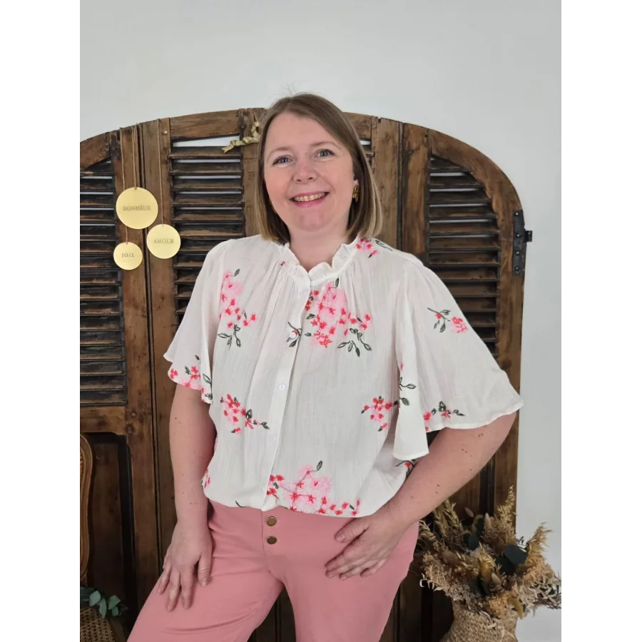 Chemise Sidonie blanc gaze coton fleurs rose