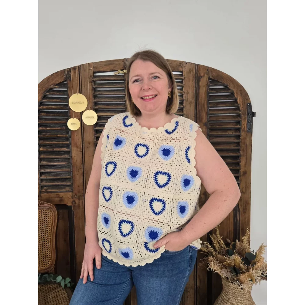 Blouse Rita crochet beige et bleu