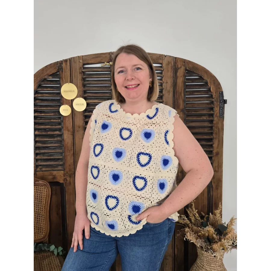 Blouse Rita crochet beige et bleu