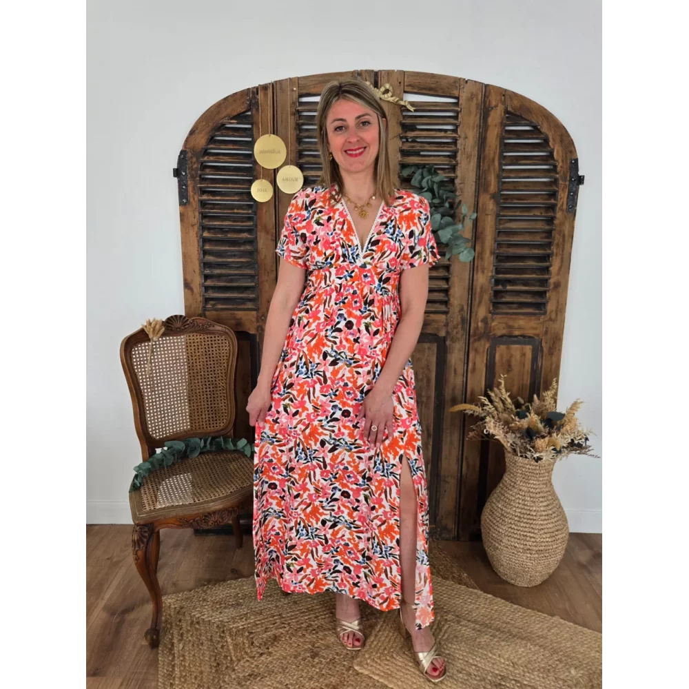 Robe longue Flore fleurs colorées rose