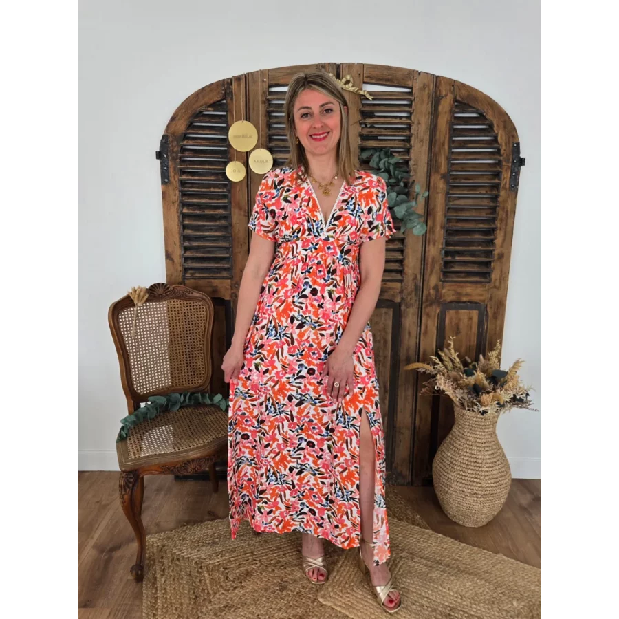 Robe longue Flore fleurs colorées rose