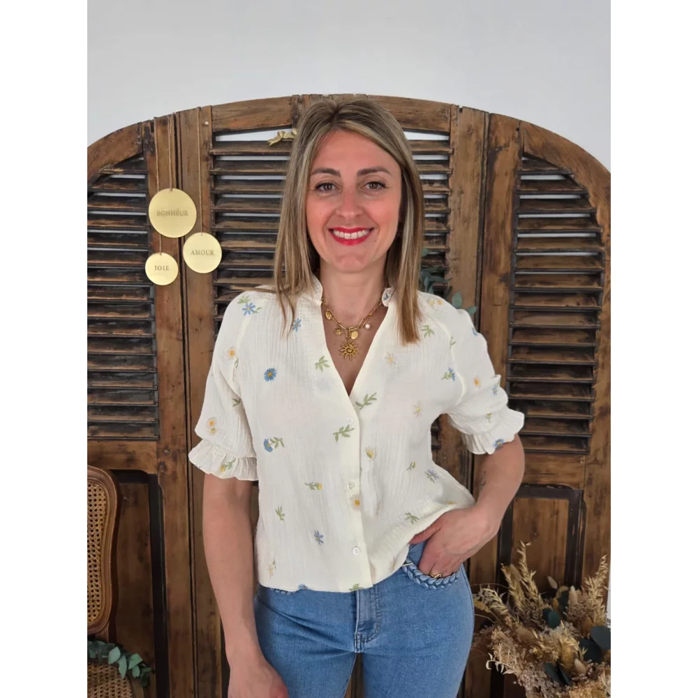 Blouse Marine gaze de coton beige et fleurs