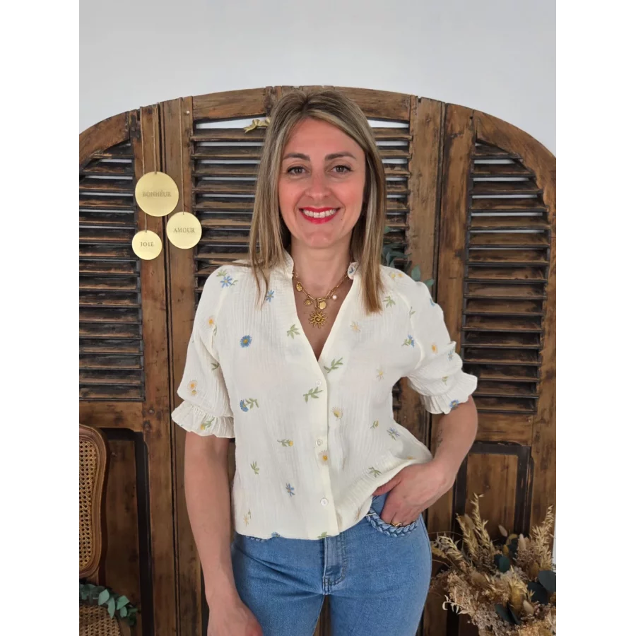 Blouse Marine gaze de coton beige et fleurs