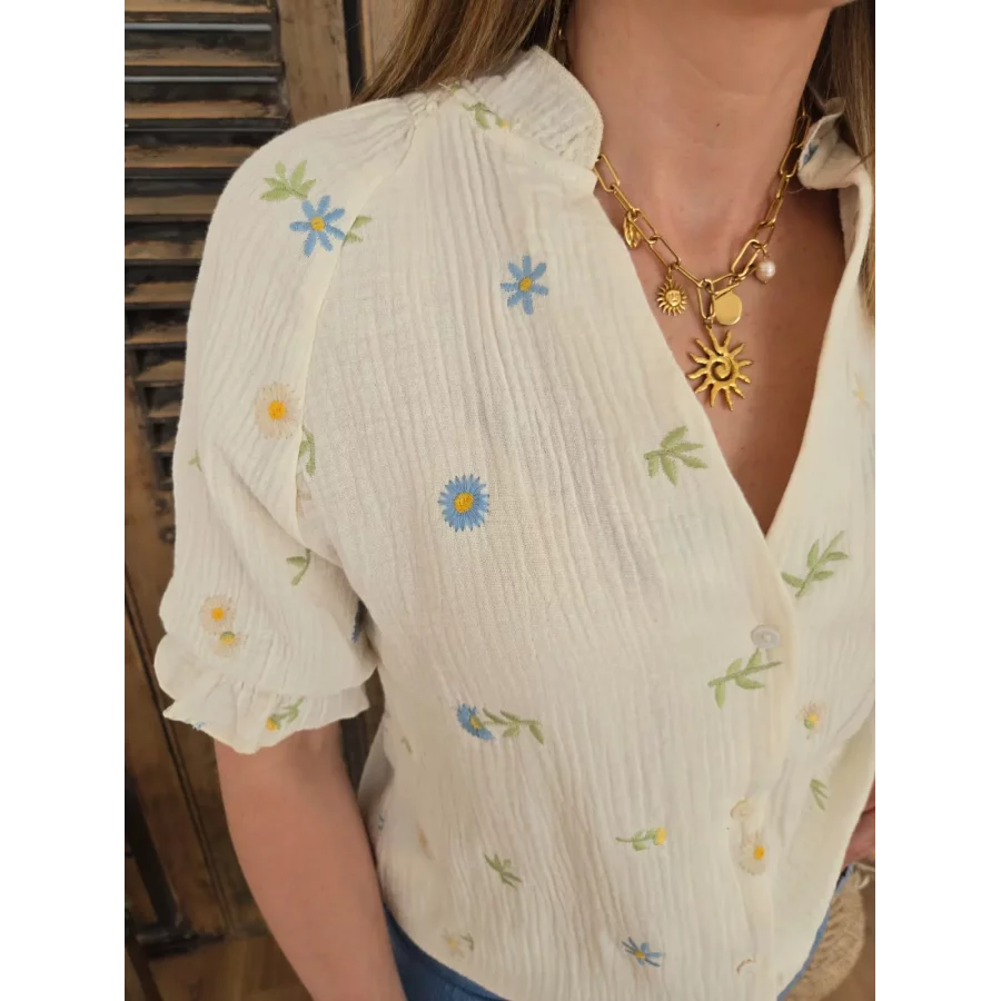 Blouse Marine gaze de coton beige et fleurs