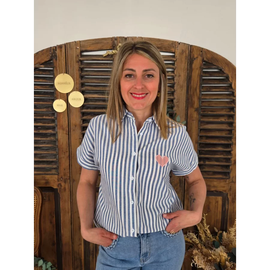 Chemise Floriane rayée bleu coeur rose