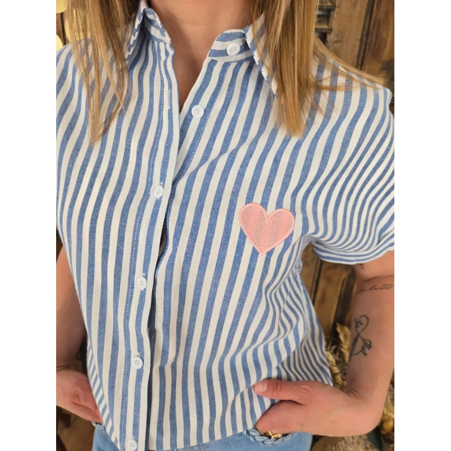 Chemise Floriane rayée bleu coeur rose