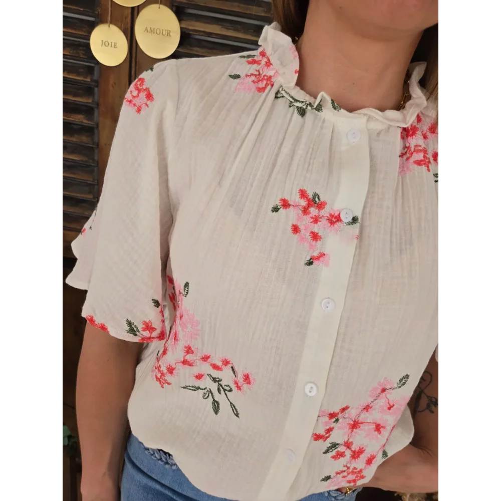 Chemise Sidonie blanche gaze de coton fleurs rose