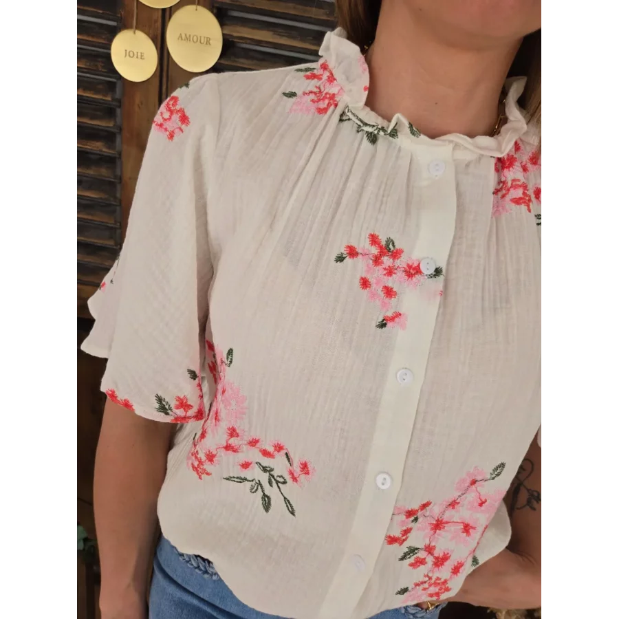 Chemise Sidonie blanche gaze de coton fleurs rose