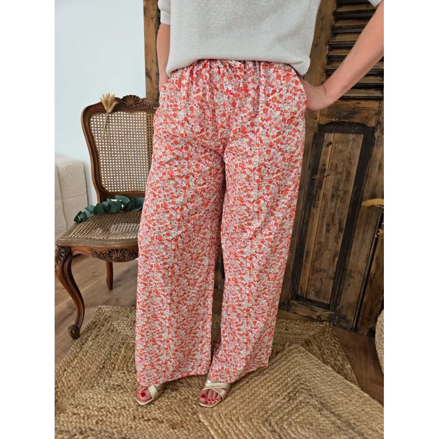 Pantalon Gaspard fluide fleurs corail