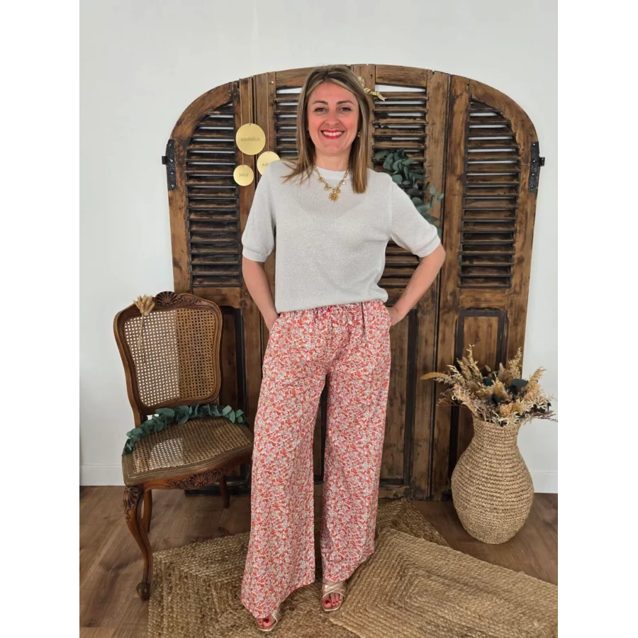 Pantalon Gaspard fluide fleurs corail