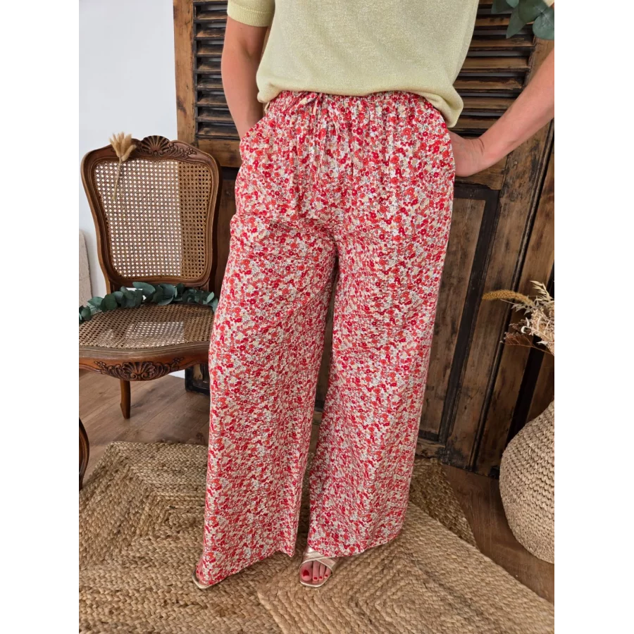 Pantalon Gaspard fluide fleurs rouge