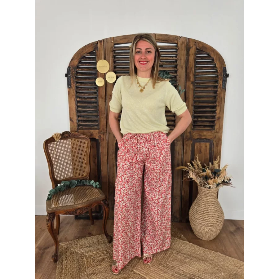 Pantalon Gaspard fluide fleurs rouge